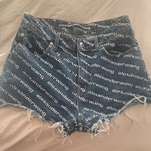 Alexander Wang Logo Print Frayed Denim Shorts